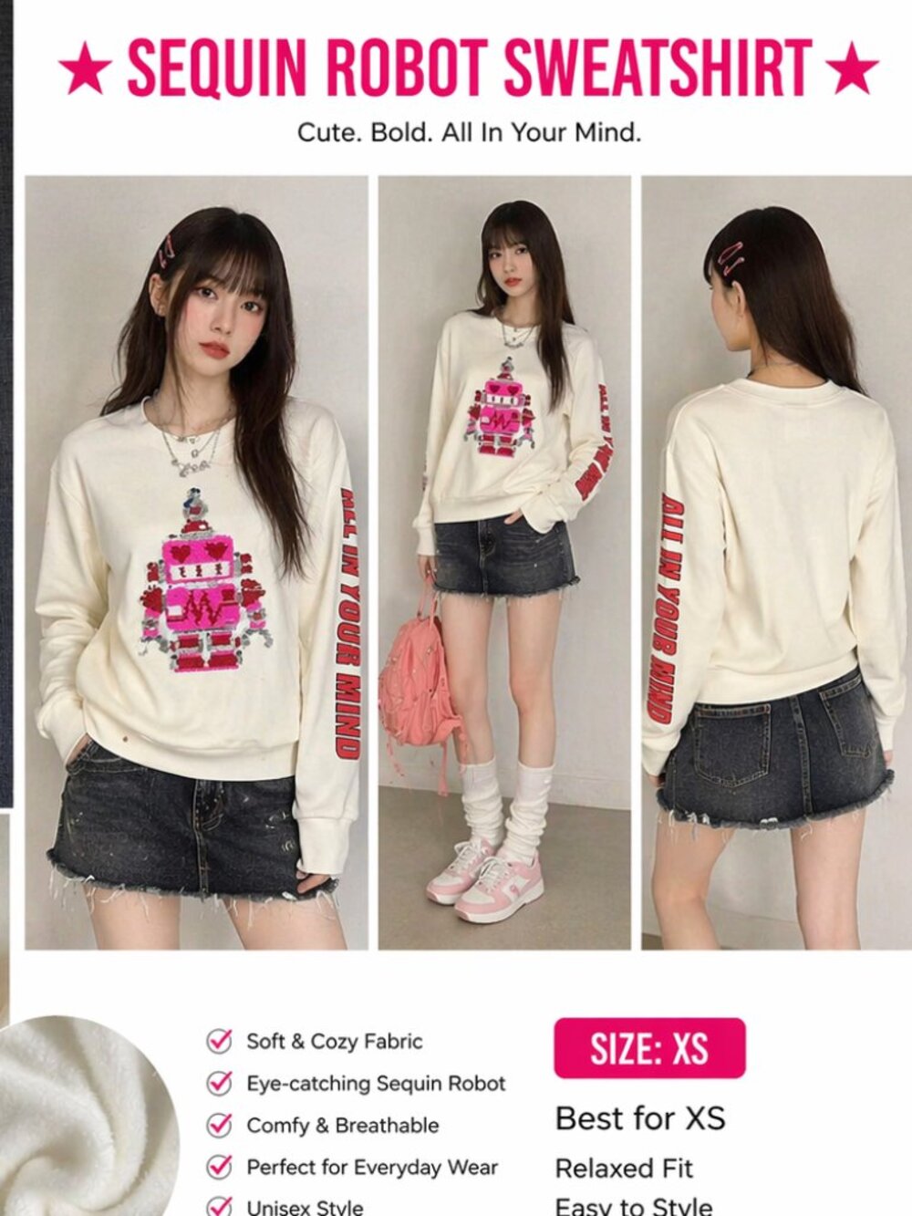 NWT Sequin Robot Sweatshirt – Size XS (Cute & Trendy)